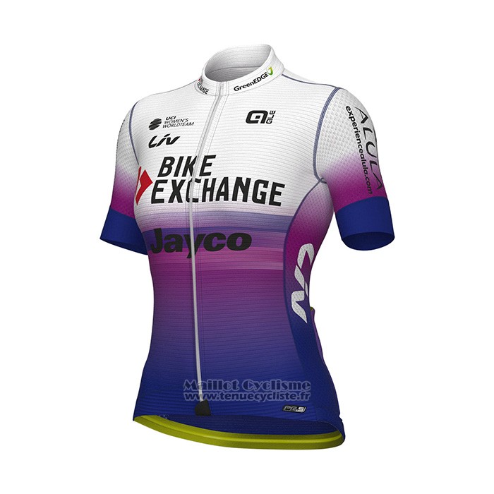 2022 Maillot Cyclisme Femme Bike Exchange Bleu Violet Manches Courtes et Cuissard